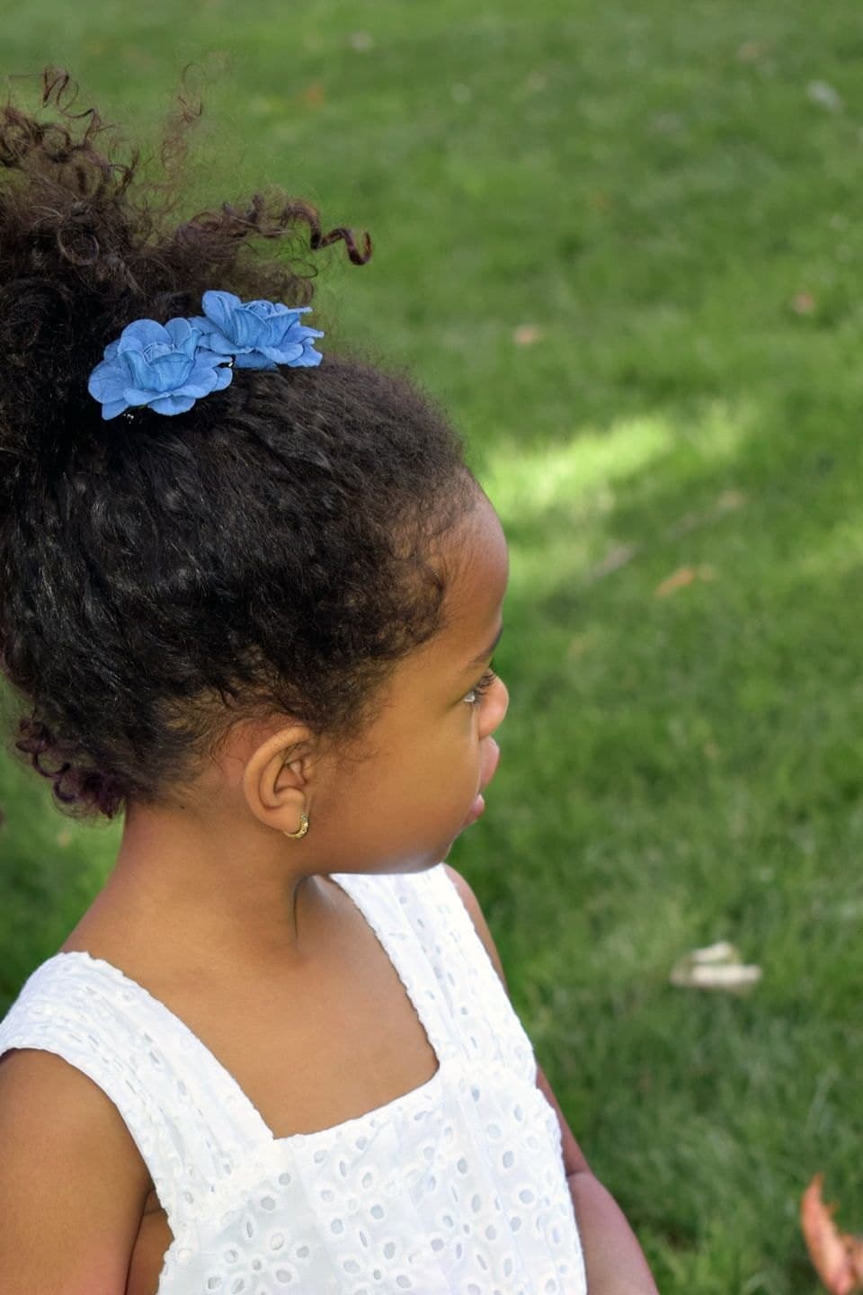 Pasador de flores azules en el pelo