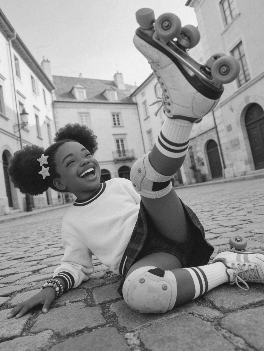 Una Brillagirl se ha caído de los patines y se ríe a carcajadas en el suelo