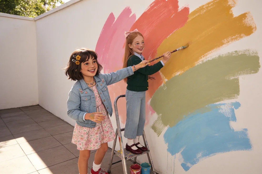 Dos Brillagirls pintan un mural de colores con brochas