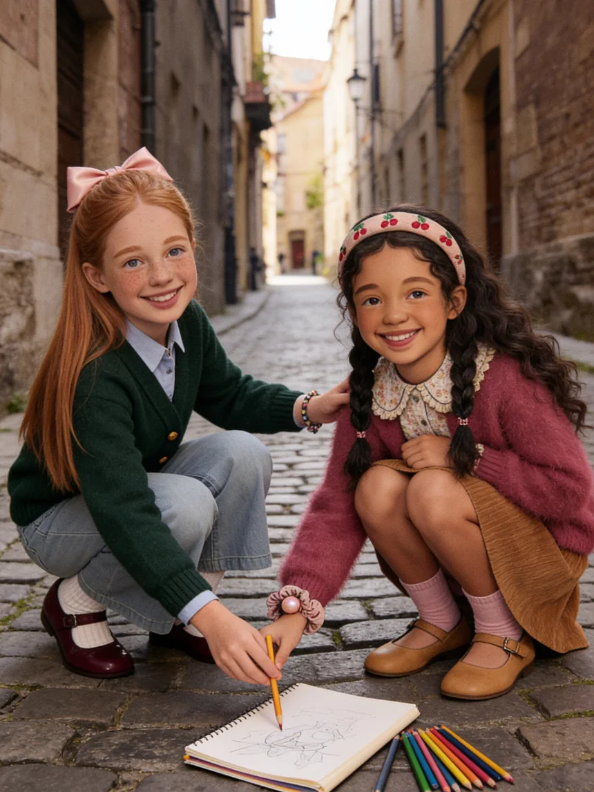Una Brillagirl ayuda a la pequeña a recoger sus lápices del suelo
