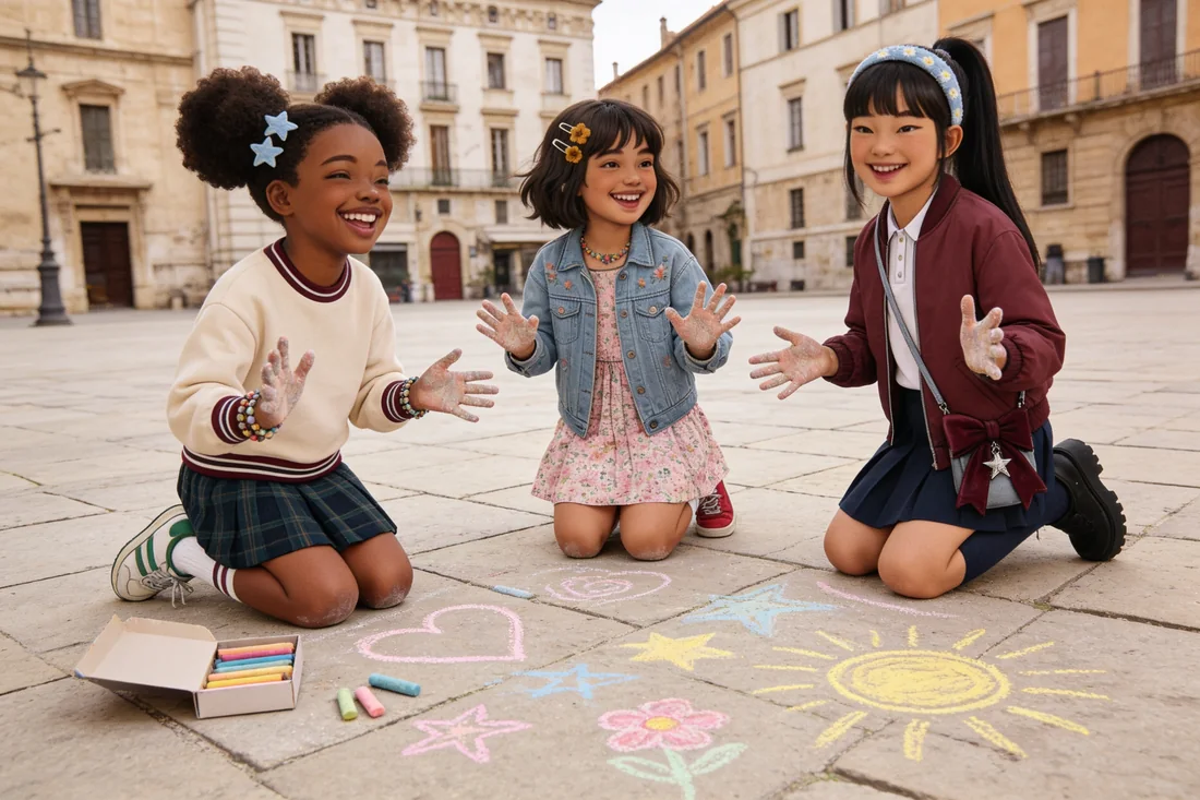 Tres Brillagirls dibujan con tizas corazones, estrellas y un sol en el suelo de la plaza